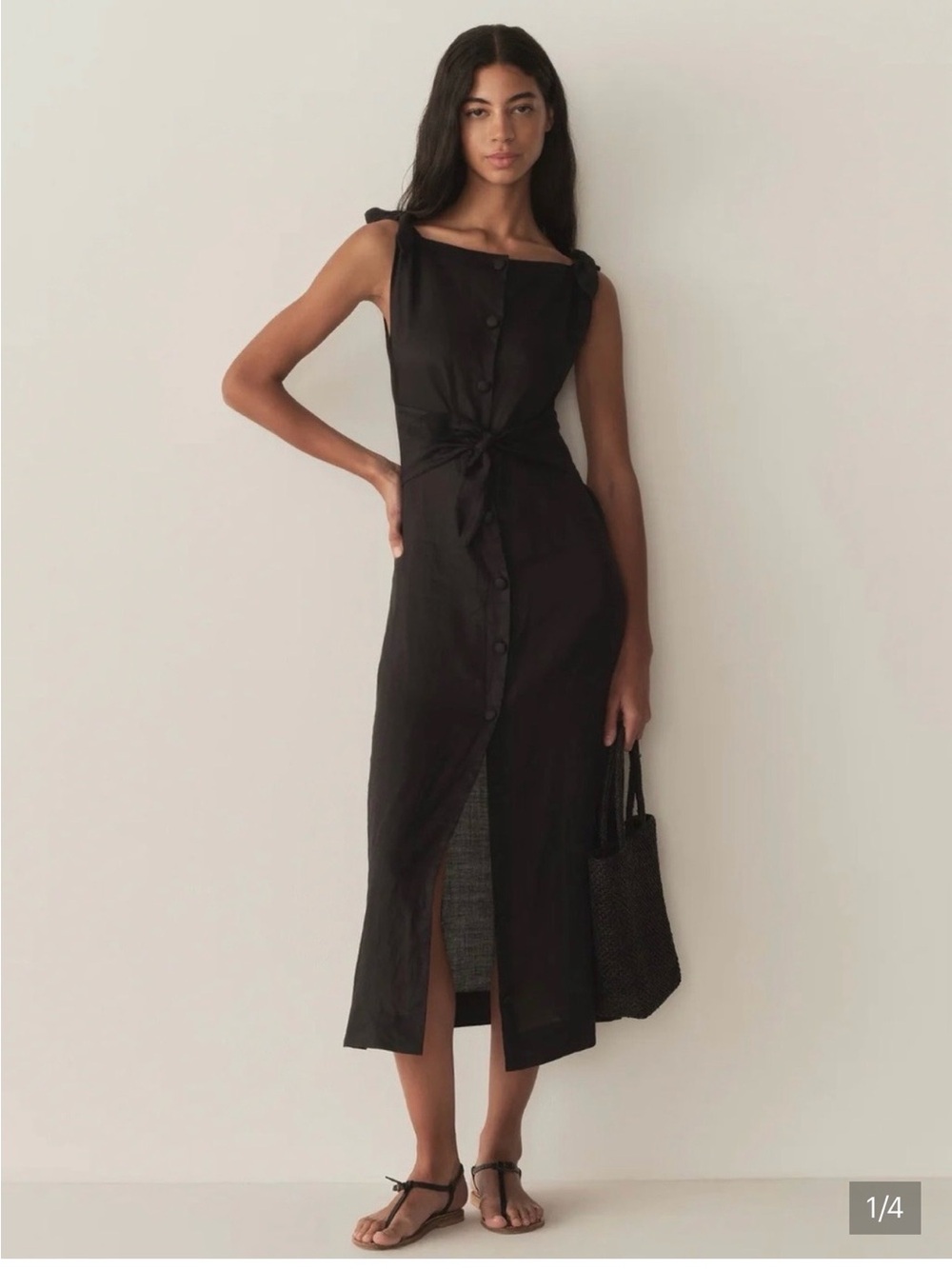 Doen Levine Black Button-Front Tie Midi Dress